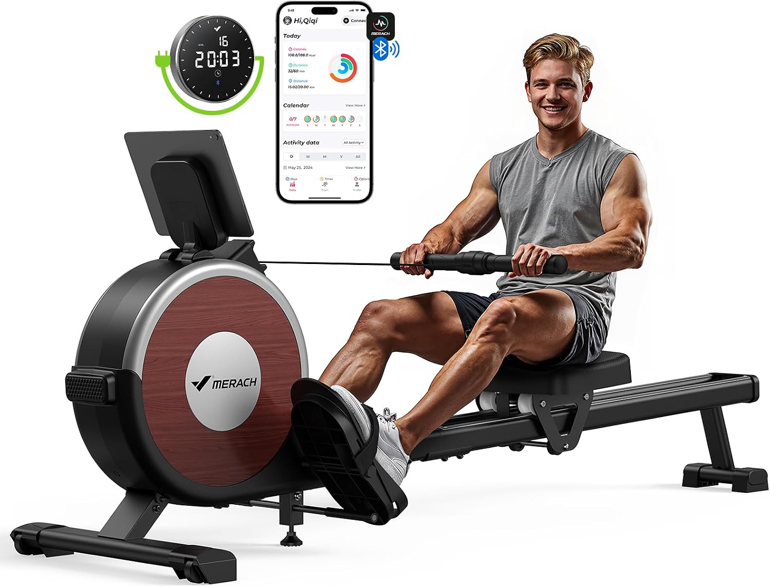 Rowing Machines for Home, Magnetic Rowing Machine with 16 Levels, Rower Machine of Quiet Resistance, Dual Slide Rail with Max 350lbs Weight Capacity, App Compatible