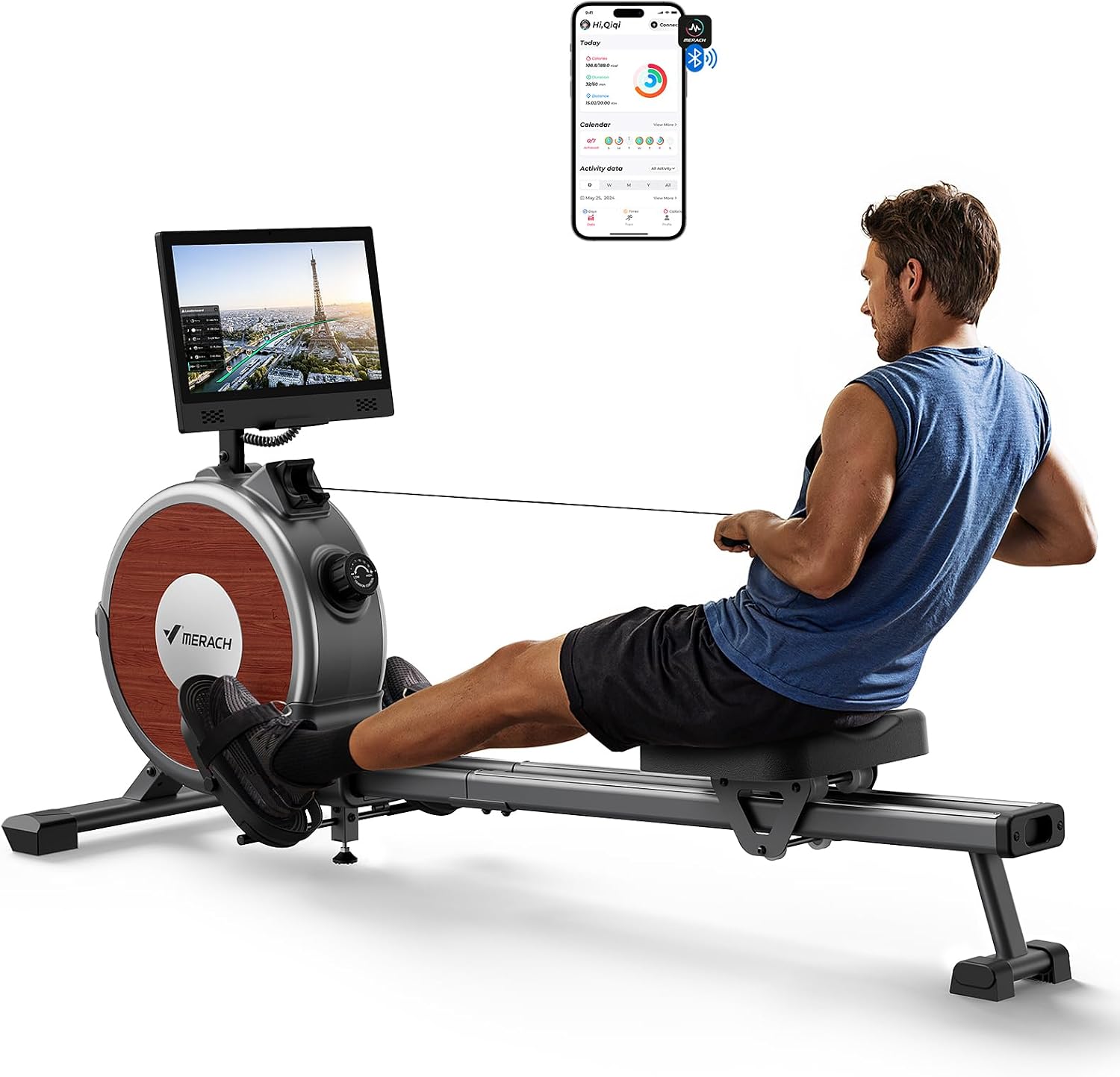 Rowing Machines for Home, Magnetic Rowing Machine with 16 Levels, Rower Machine of Quiet Resistance, Dual Slide Rail with Max 350lbs Weight Capacity, App Compatible