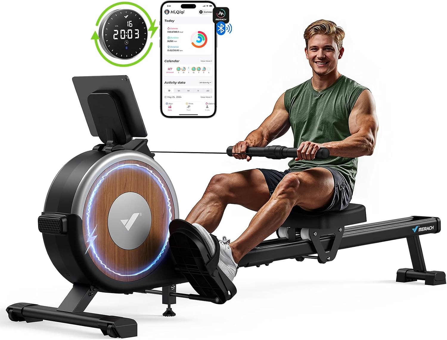 Rowing Machines for Home, Magnetic Rowing Machine with 16 Levels, Rower Machine of Quiet Resistance, Dual Slide Rail with Max 350lbs Weight Capacity, App Compatible