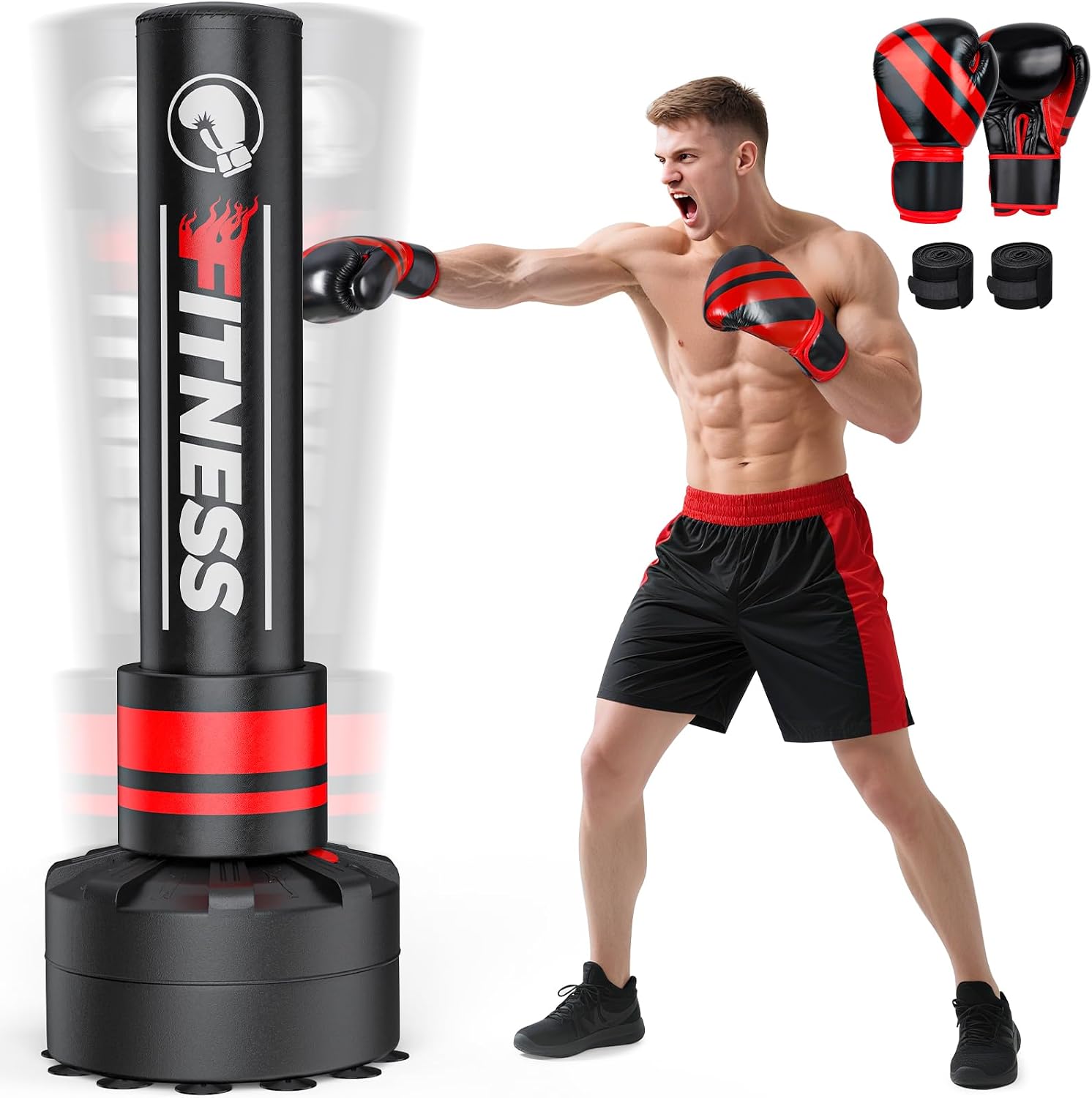 Freestanding Punching Bag for Adults, Heavy Boxing Bag with Boxing Gloves, 12-Suction-Cup Stable Base, Home Gym Kickboxing Bag for MMA, Muay Thai